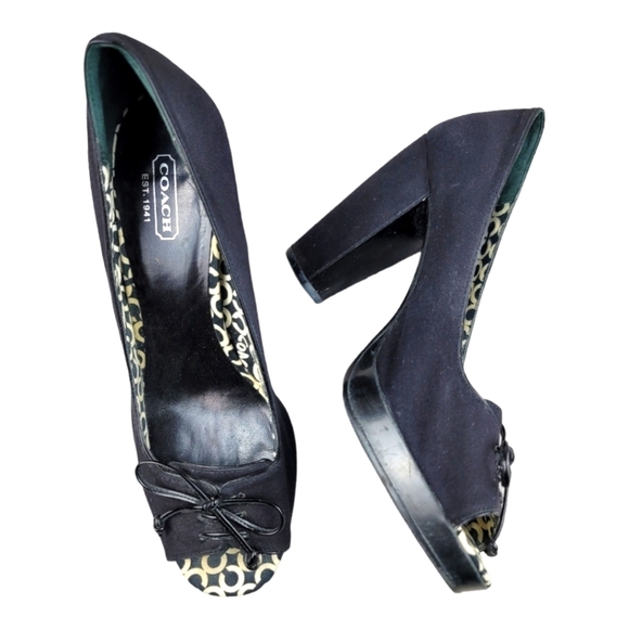 Coach "COREY" Peeptoe Cotton Twill Block Heel Pumps with front‎ top Bow - Picture 3 of 8